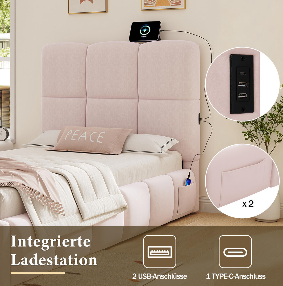 KINDERBETT 90/200 cm aus Samt mit Stauraum und USB-Anschluss Rosa - Pink, Textil (90/200cm) - Modenvie