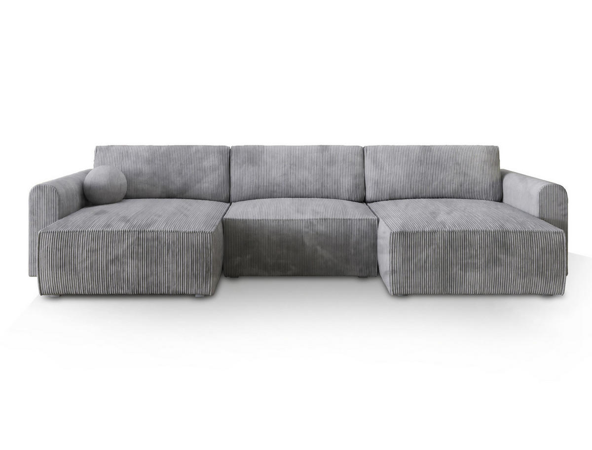 WOHNLANDSCHAFT FENTO P Hellgrau Kordstoff mit Schlaffunktion - Hellgrau, Holz (347/90/148cm) - MASSENO