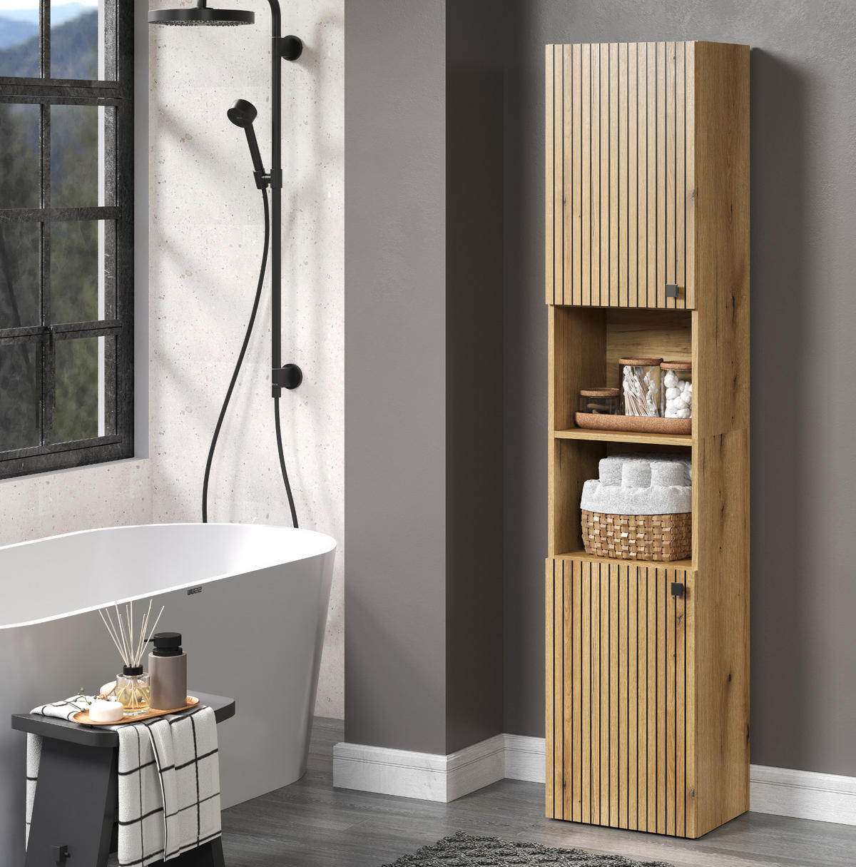 HOCHSCHRANK Evoke Eiche 40 x 186 cm, Badschrank mit 6 Fächern - Eichefarben/Schwarz, Holzwerkstoff/Kunststoff (40/186/3cm) - Top.Furn