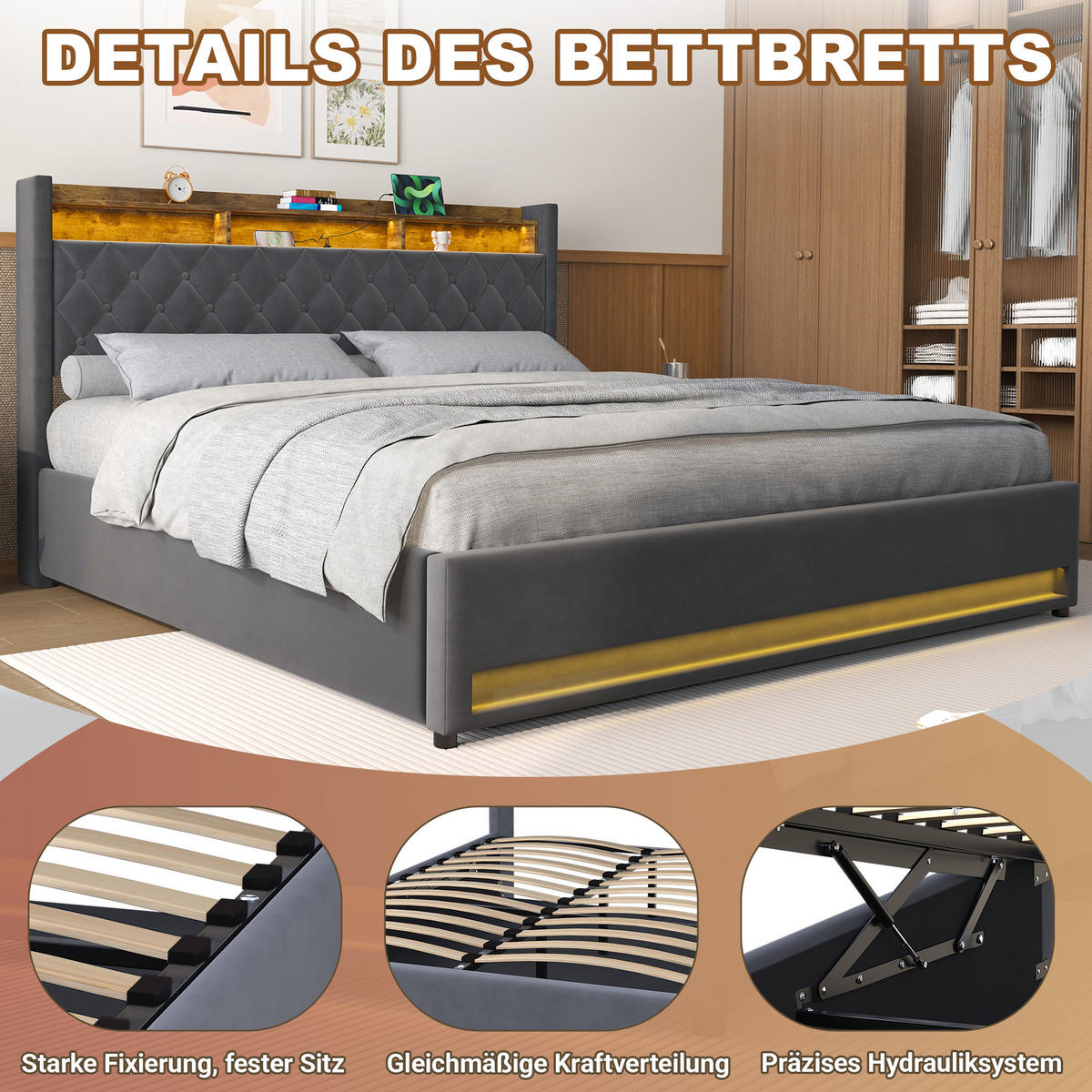POLSTERBETT 180/200 cm in Grau, Samt, mit Bettkasten, USB, LED, ohne Matratze - Grau, Holzwerkstoff/Textil (180/200cm) - WISHDOR