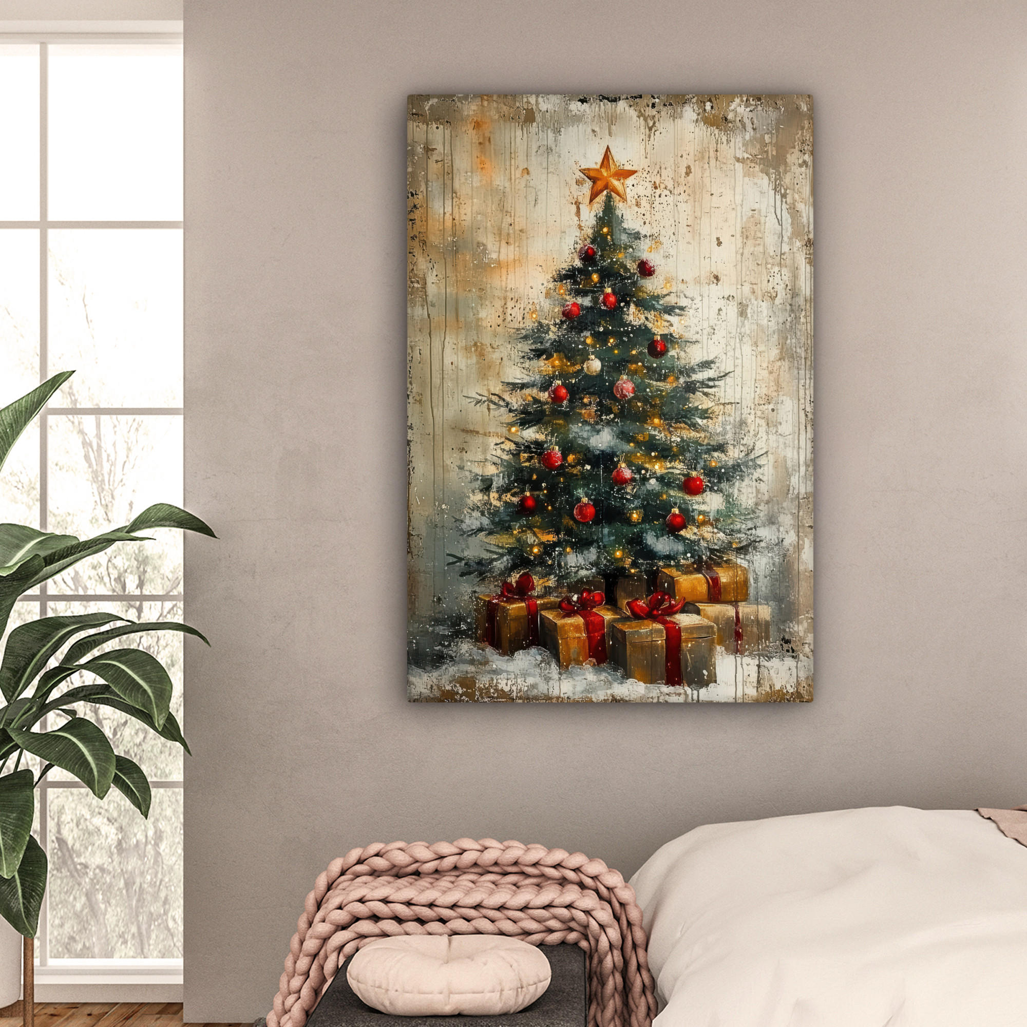 LEINWANDBILD Weihnachtsbaum - Vintage - Weihnachten - Geschenk 80x120 cm - Rostfarben, Textil (80/120cm) - MuchoWow