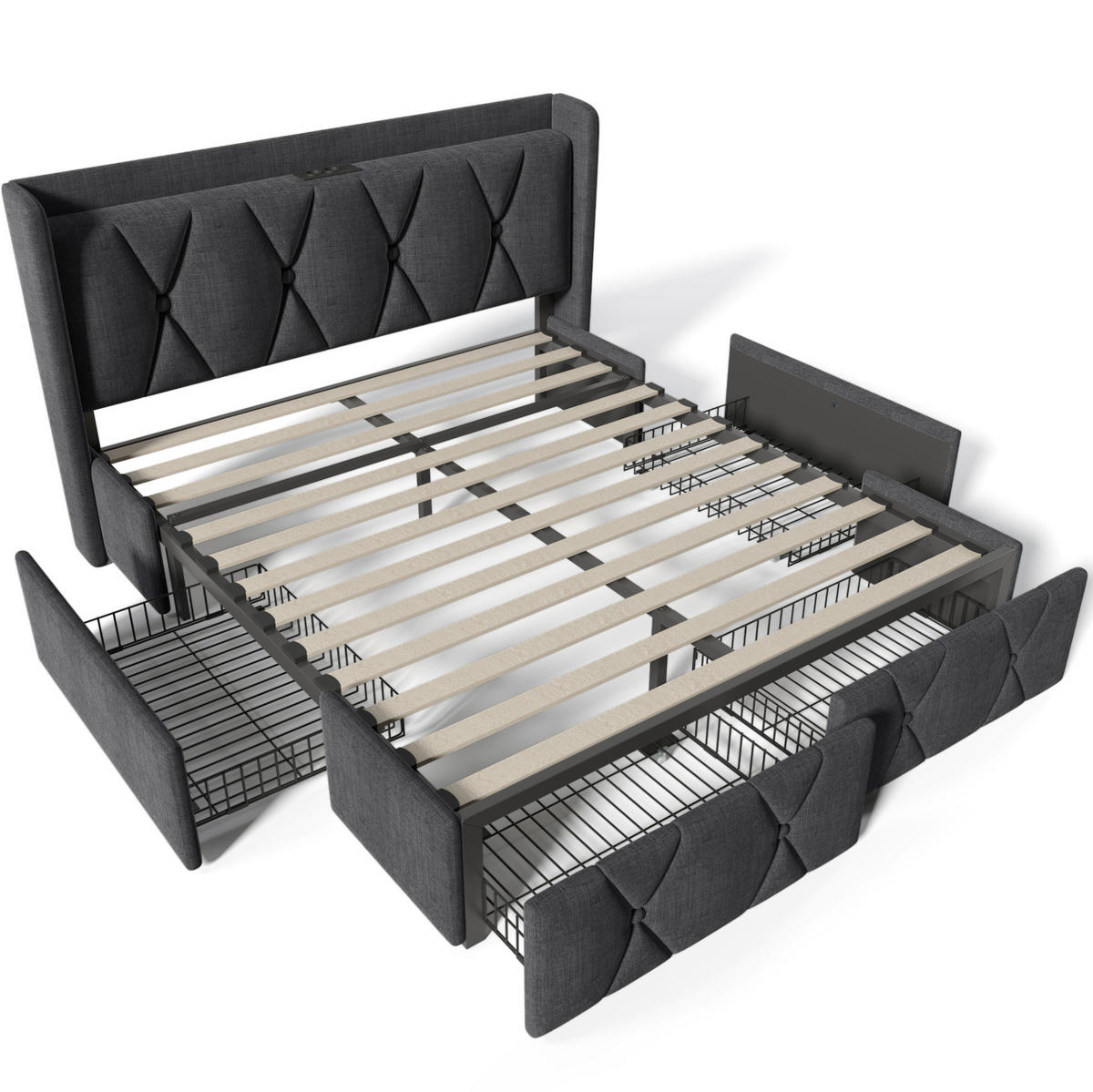 BETT mit USB und 4 Schubladen 140x200 cm Leinen Grau - Grau, Metall (140/200cm) - Meubliv
