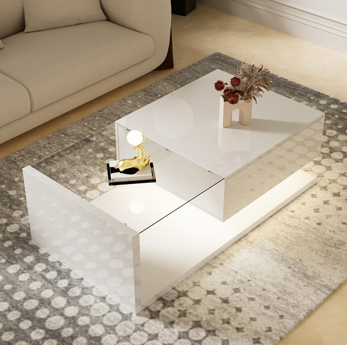 COUCHTISCH 105/55 cm in Hochglanz-Weiß mit Glasplatte und LED-Beleuchtung - Weiß, Holzwerkstoff (105/55/32.5cm) - Flora Grace
