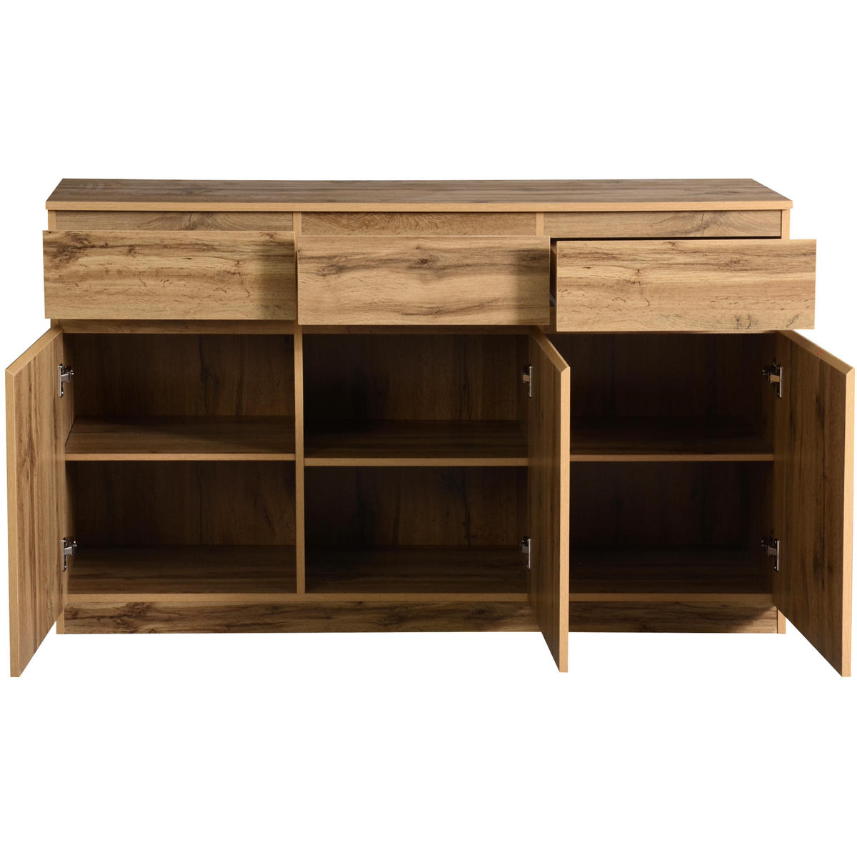 SIDEBOARD aus Spanplatte 135x40x81 cm Holzfarben mit 3 Türen, 3 Schubladen und verstellbaren Einlegeböden - Naturfarben, Holzwerkstoff (135/81/40cm) - Modfu