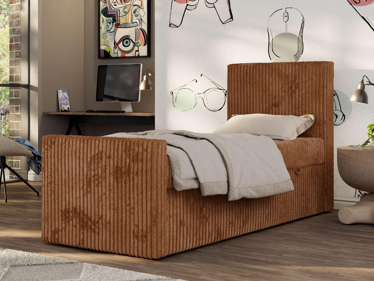 JUGENDBETT TILIO DUO 90/200 - Orange Cord - H4 - Rechts Seite - Orange, Textil (90/200cm) - MKS