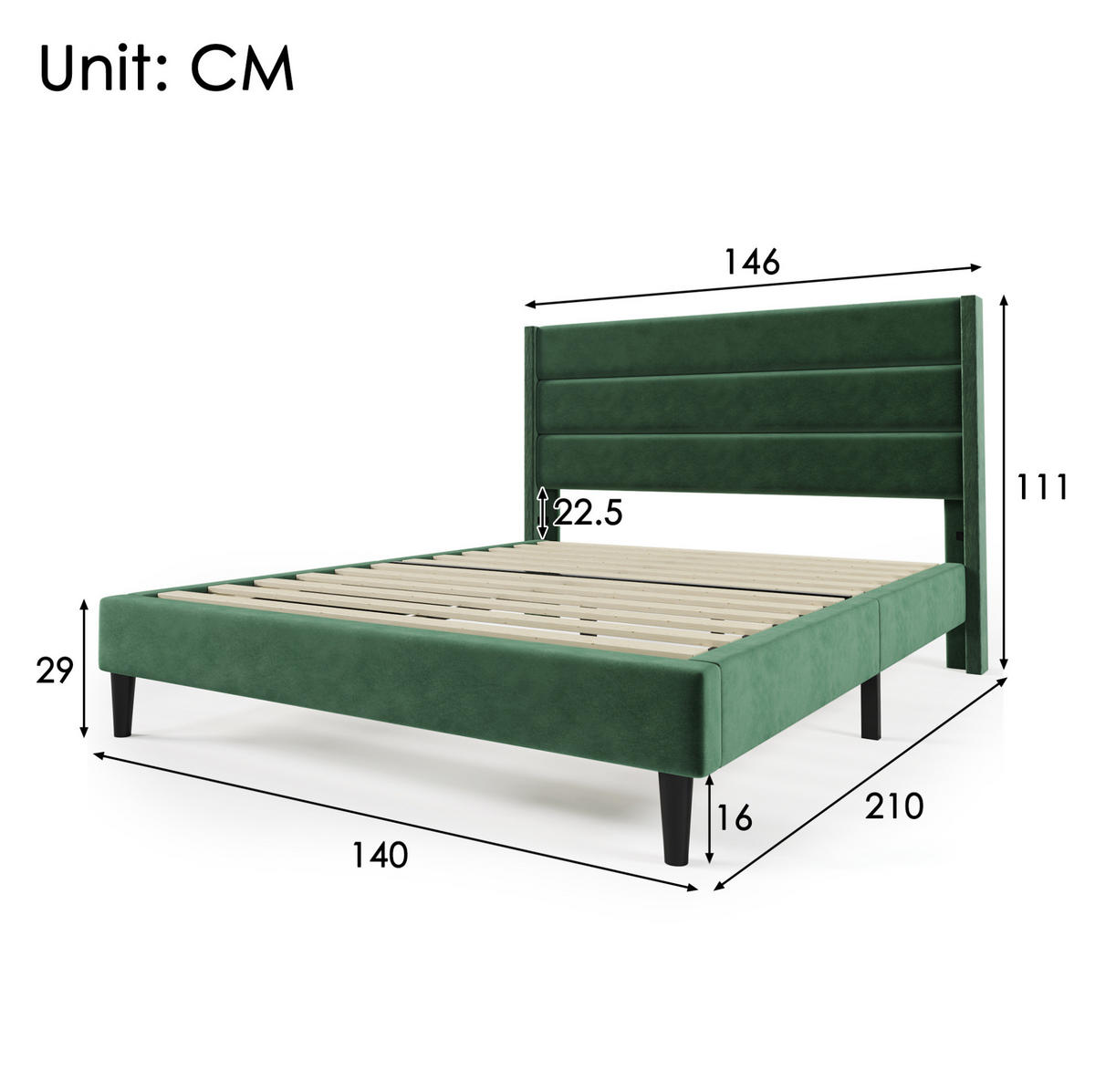 BETT mit Lattenrost 140x200 cm Samt Dunkelgrün - Grün, Holz (140/200cm) - Meubliv