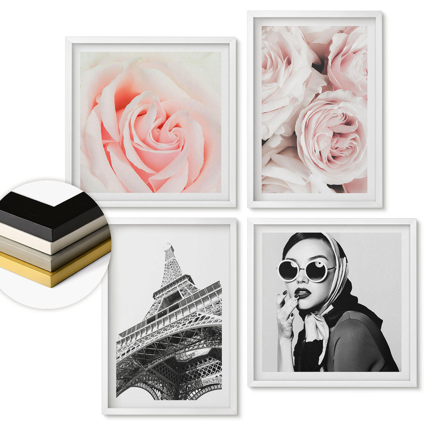 WANDBILDER 4er-Set - 50x50 cm & 40x60 cm Weißer Rahmen - Eiffels Porträt einer Frau mit Rosen - Weiß, Kunststoff (50/50cm) - ArtPrintCave