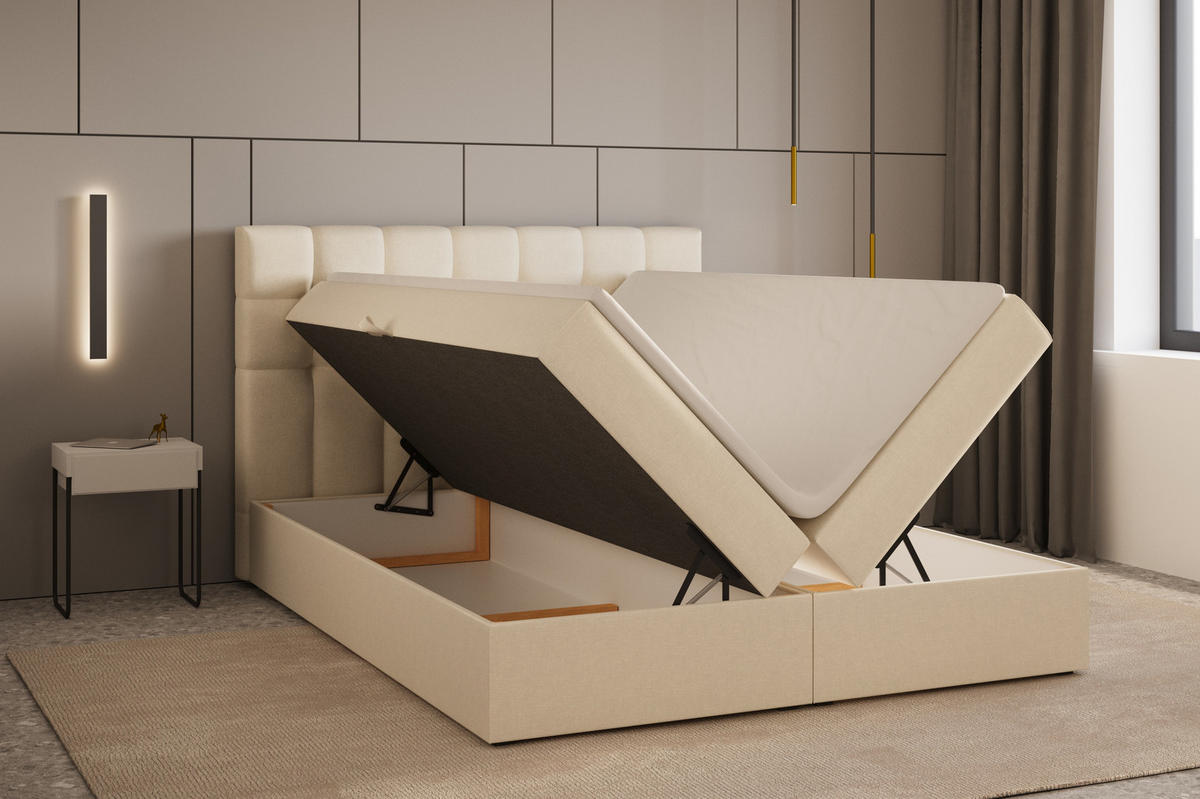BOXBETT - Bett 05 OSLO - Hugo - 140x200 cm - mit Bettkasten und Waschbarem Topper - Beige, Holz (140/200cm) - ROYAL24_MARKT