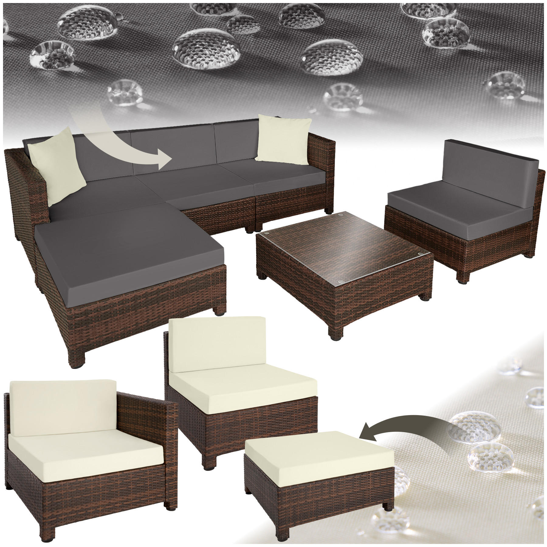 RATTANLOUNGE ,mit Sicherheitsglasplatte,schwarz/braun - Schwarz/Braun, Kunststoff - tectake