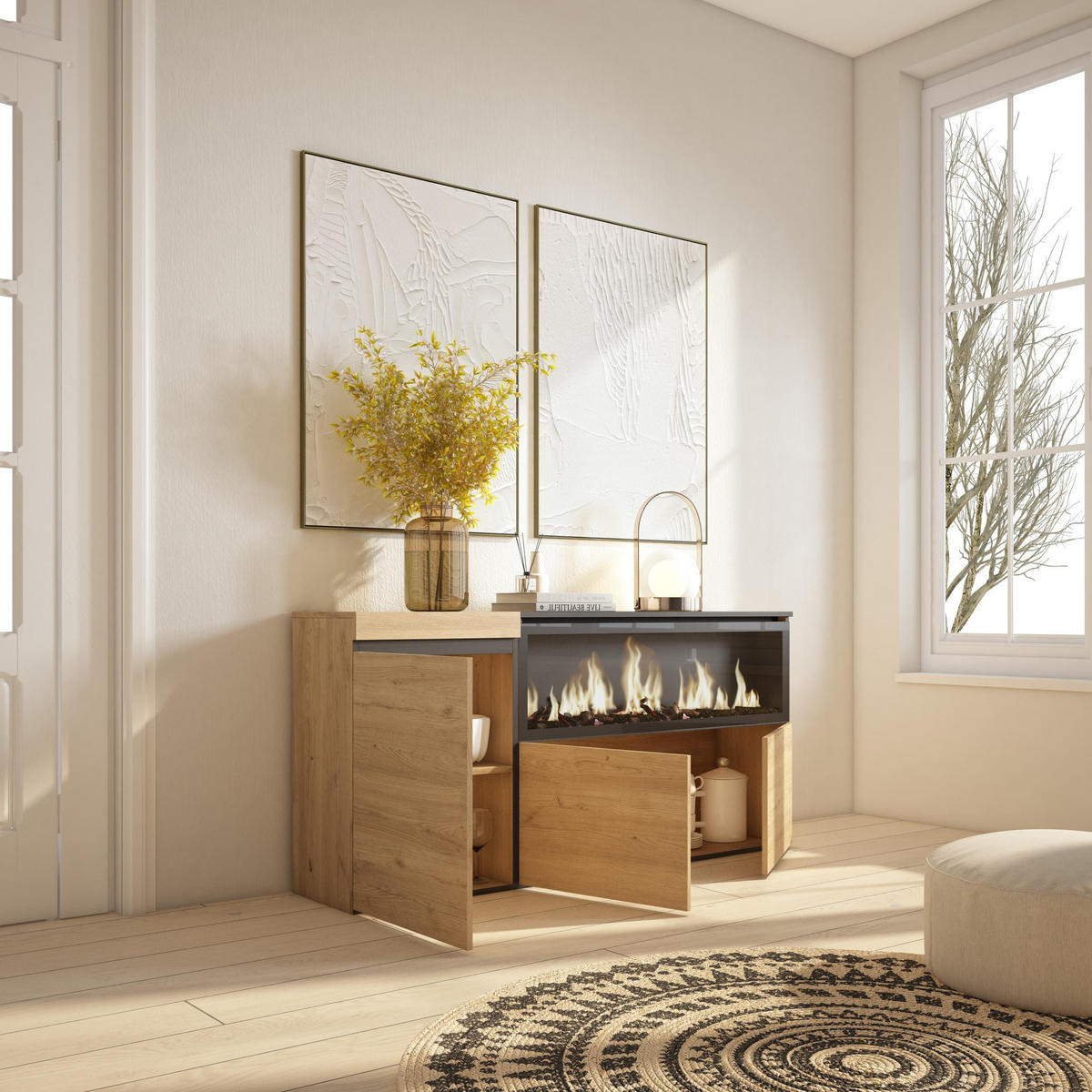 SIDEBOARD Highboard, Elektrokamin XXL, eiche, 158/35/75cm - Eichefarben/Schwarz, Holzwerkstoff (158/75/35cm) - Skraut Home