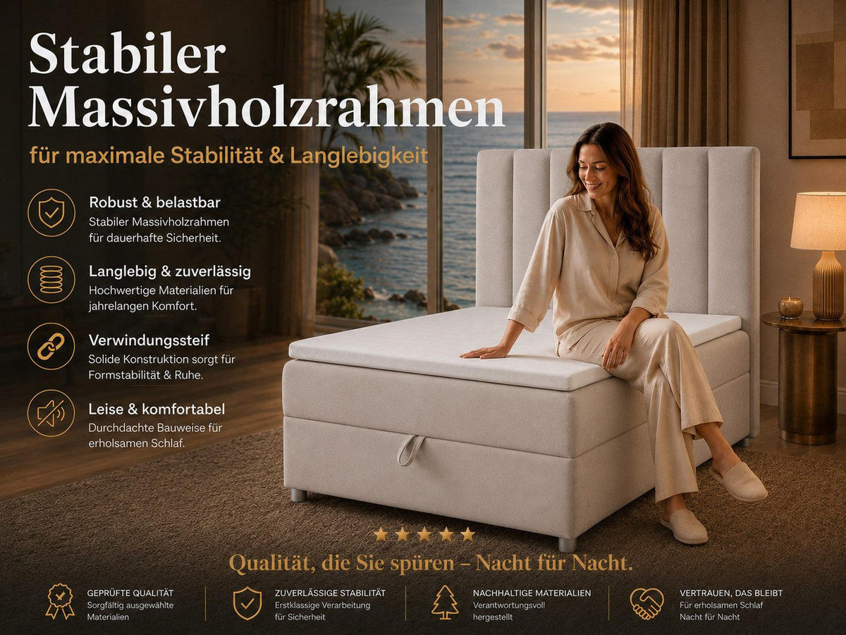 BOXBETT mit Bettkasten Trinity K10-SINGLE Bonellfederkern inkl. Topper - Creme, Holz/Holzwerkstoff (70/200cm) - Best For Home