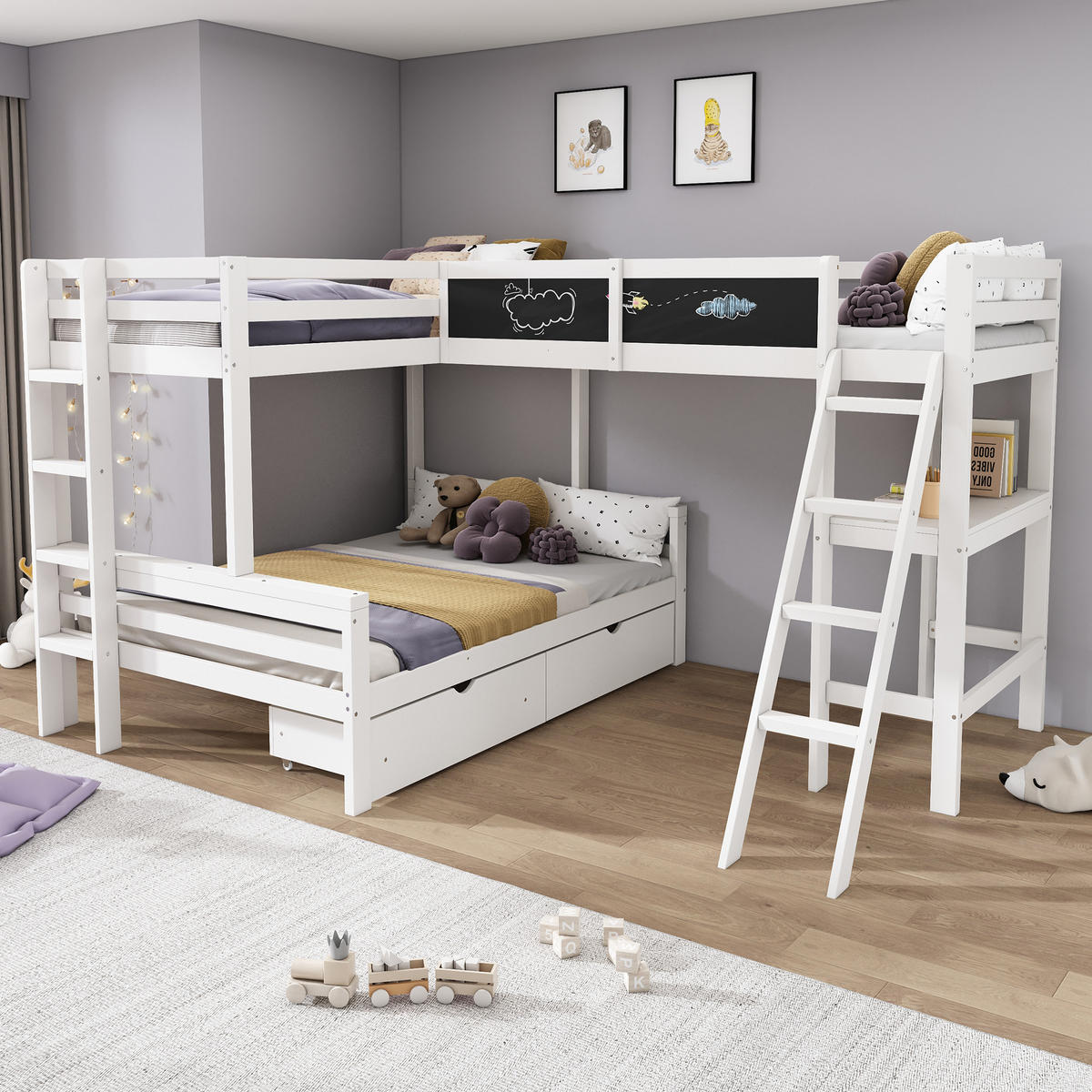 HOCHBETT 90/200 cm & 90/200 cm & 140/200 cm in Weiß & Eichefarben mit Schreibtisch, Regal und Schubladen - Eichefarben/Weiß, Holz/Holzwerkstoff (140/200cm) - WISHDOR