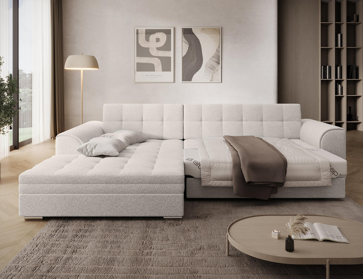 ECKSOFA SORENTO mit Schlaffunktion & Delfin-Mechanismus – Wohnlandschaft in L-Form 296 cm - Weiß, Kunststoff (296/78cm) - Wohnideebilder