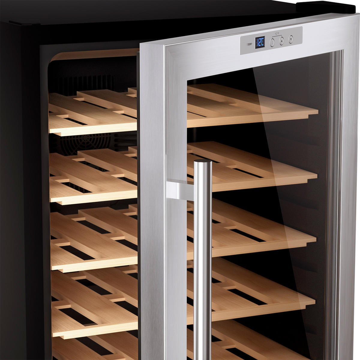 WEINKÜHLSCHRANK CAVC28 Schwarz und Silber, von 28 Flaschen, 70L, 6 Regale, Thermoelektrische Kühlung, Elegantes Design, LED, Anti-UV - Schwarz, Metall (45/73.5/52.8cm) - Les Petits Champs