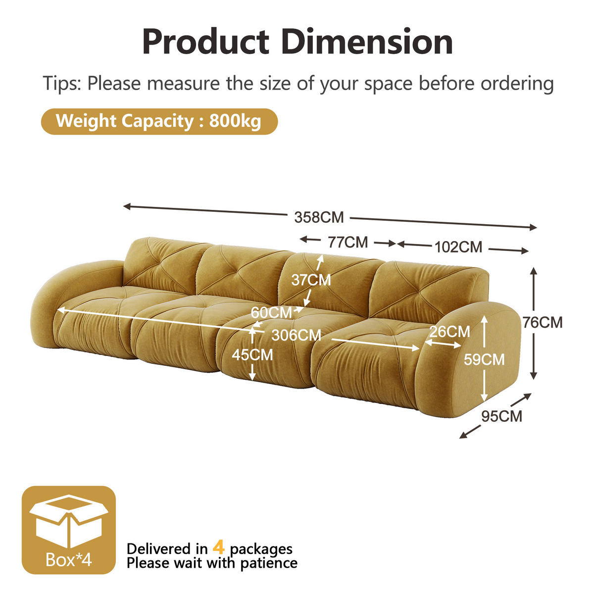 4-SITZER Sofa 358x95x76 cm aus Chenille-Stoff rahmenlos modular, gelb - Gelb, Textil (95/76/358cm)