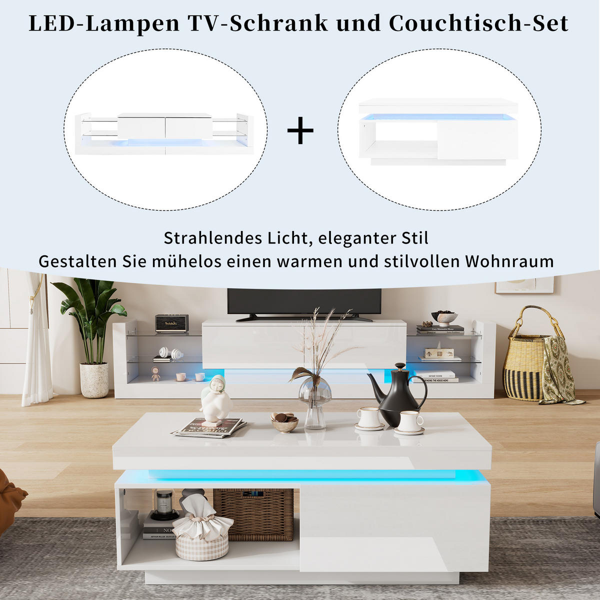 TV-SCHRANK-SET, Hochglanz, Couchtisch, Weiß - Weiß, Holzwerkstoff (50/40.3/100cm) - FLIEKS