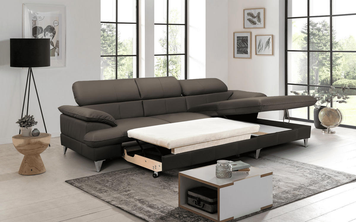 ECKSOFA mit Schlaffunktion und Bettkasten, Echtleder - Chromfarben/Dunkelgrau, Leder/Holz (167/254cm) - Cotta