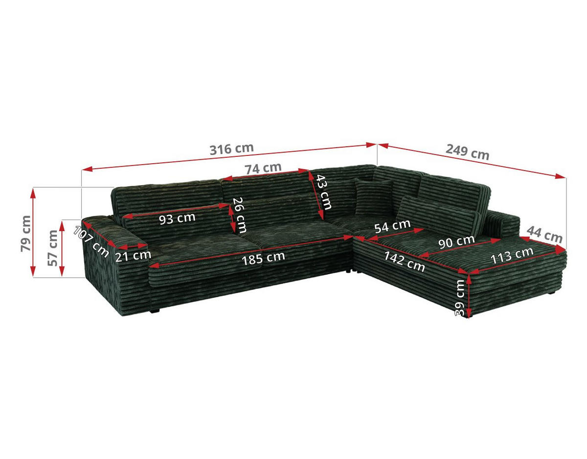 ECKSOFA Savona Grün breiter Cord - links - Schwarz/Grün, Kunststoff/Textil (316/249cm) - MKS