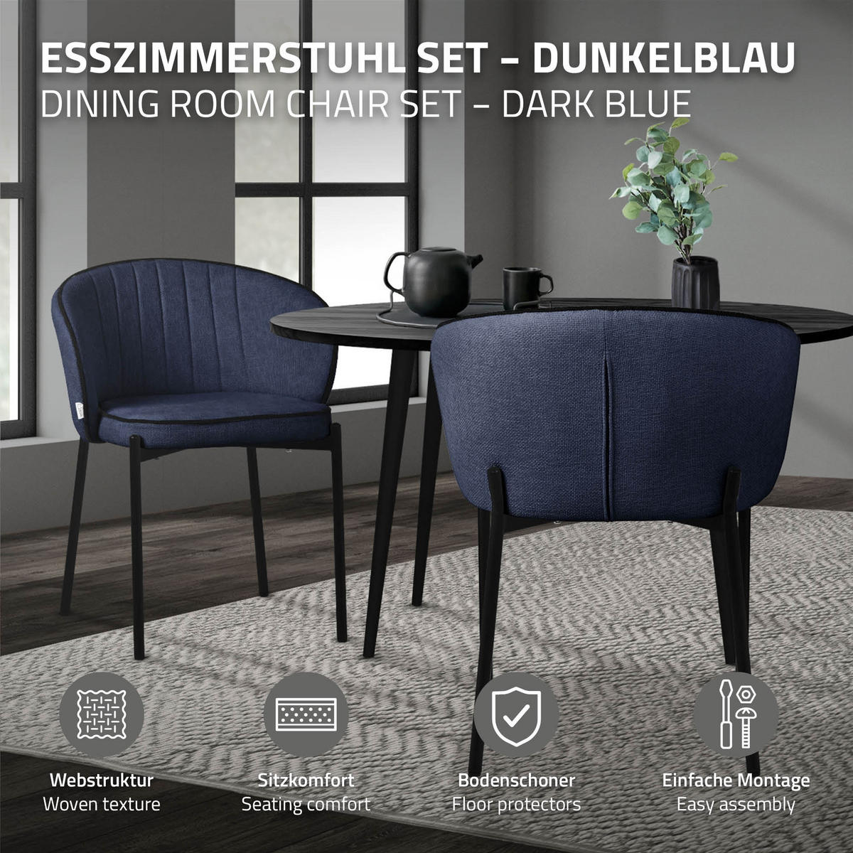 ESSZIMMERSTÜHLE 2er Set Dunkelblau - Schwarz/Dunkelblau, Textil/Metall (60/75/59cm) - ML-DESIGN