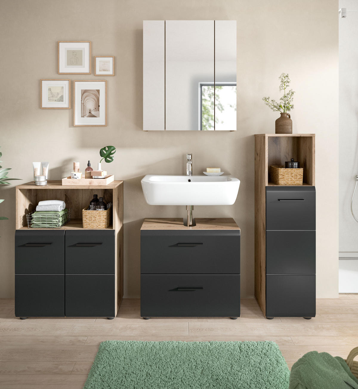 BADMÖBEL-SET 4-teilig in schwarz matt und Eiche Badezimmer mit viel Stauraum, 180 x 185 cm - Eichefarben/Schwarz, Glas/Holzwerkstoff (180/185/30cm) - Inn.Furn