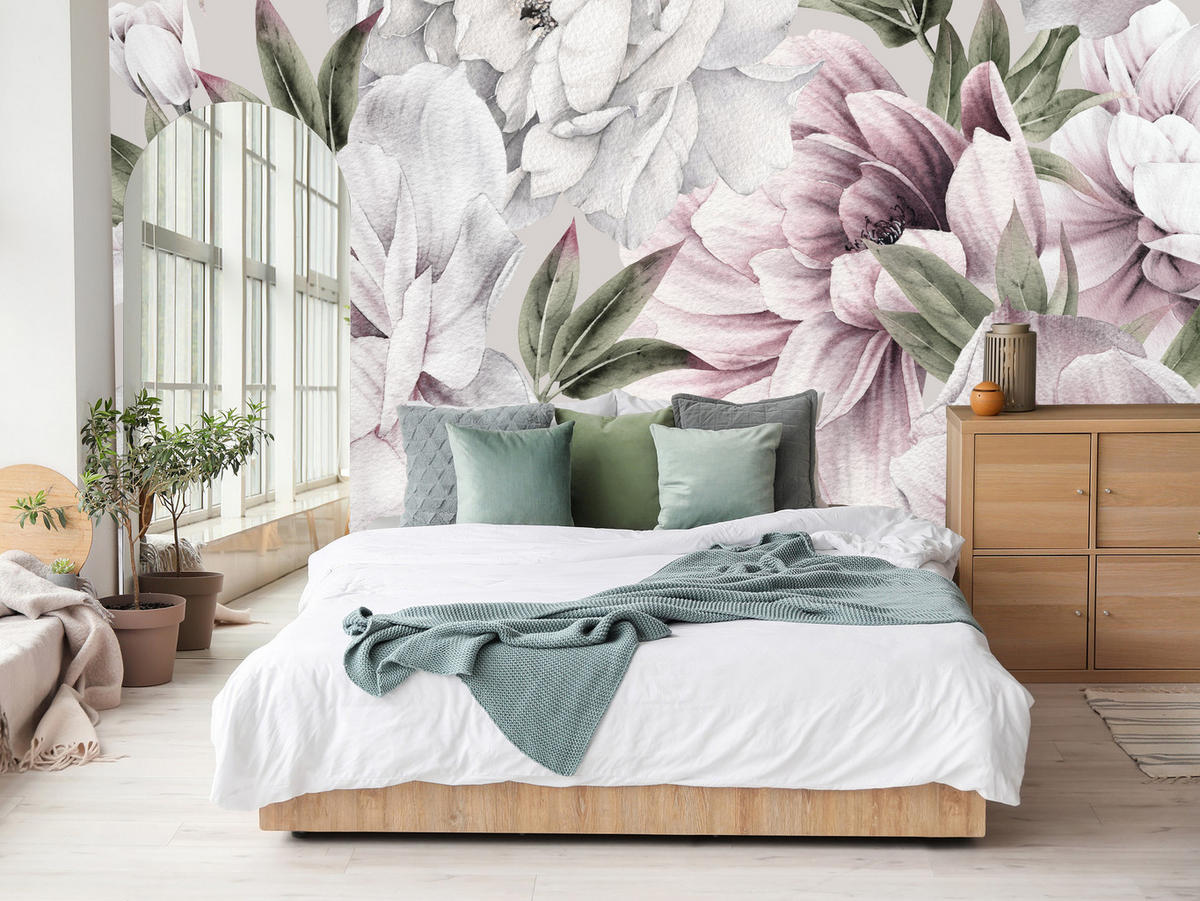 FOTOTAPETE für Schlafzimmer Pastell Pfingstrosen Boho Pflanzen 400x280 - Violett/Rosa, Papier (400/280cm) - Muralo