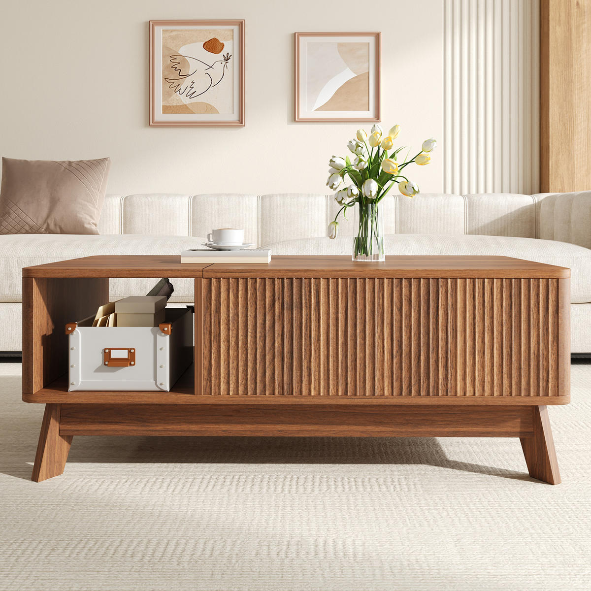 COUCHTISCH in Nussbaum aus MDF – mit Wellenoptik, Stauraum und offenem Seitenfach - Braun, Holzwerkstoff (48/95/50cm) - CHICFURN