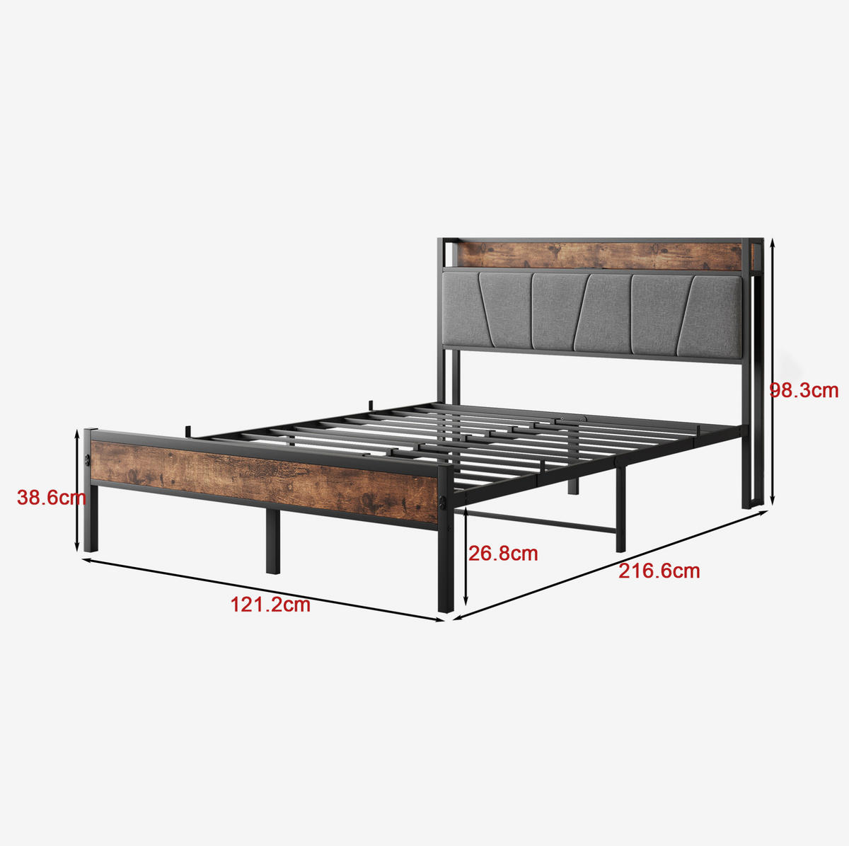 POSTEL 120/200 cm s LED osvětlením, USB a úložným čelem, tichá kovová konstrukce, Starožitná hnědá - červenohnědá, kompozitní dřevo (120/200cm) - Redom