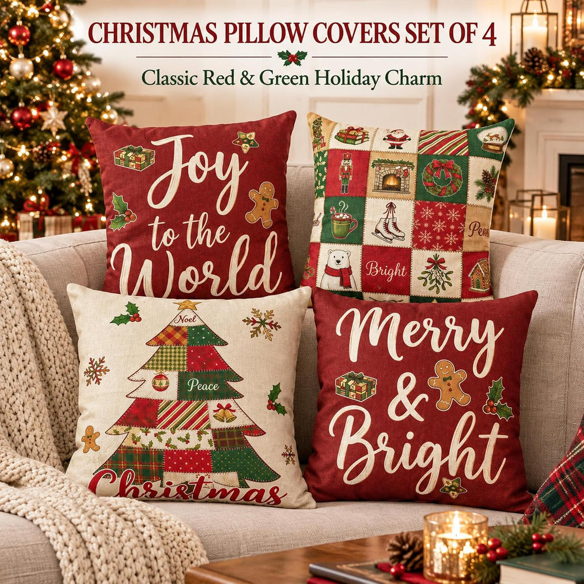 KISSENBEZUG – Weihnachtskissenbezug (Kissenfüllung nicht enthalten) – 45 x 45 cm – Multicolor(vier Stück) - Multicolor, Textil (45/45cm)
