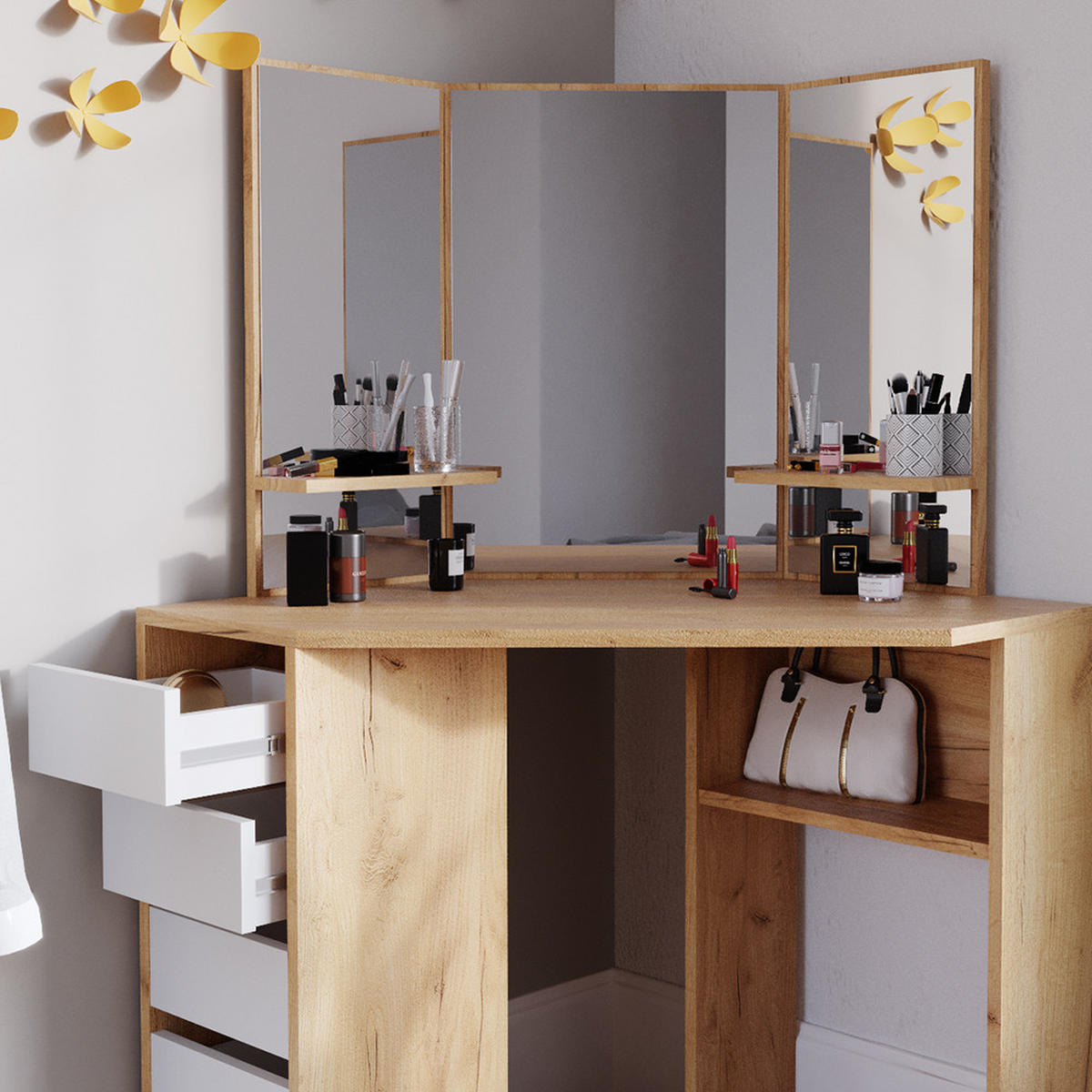 ECKSCHMINKTISCH Arielle Goldkraft Eiche 110 cm - Honigeiche, Holzwerkstoff (110/141.5/54cm) - Vicco