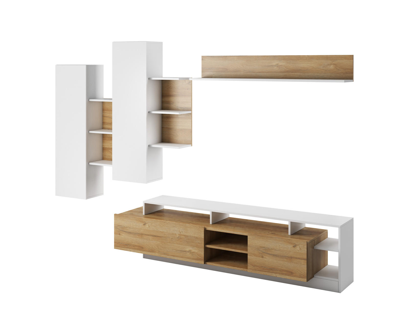 WOHNWAND Panzo 4-teilig Eiche Grandson / Weiß - Grifflos - Eichefarben/Weiß, Holzwerkstoff (260/171/44cm) - Ravio
