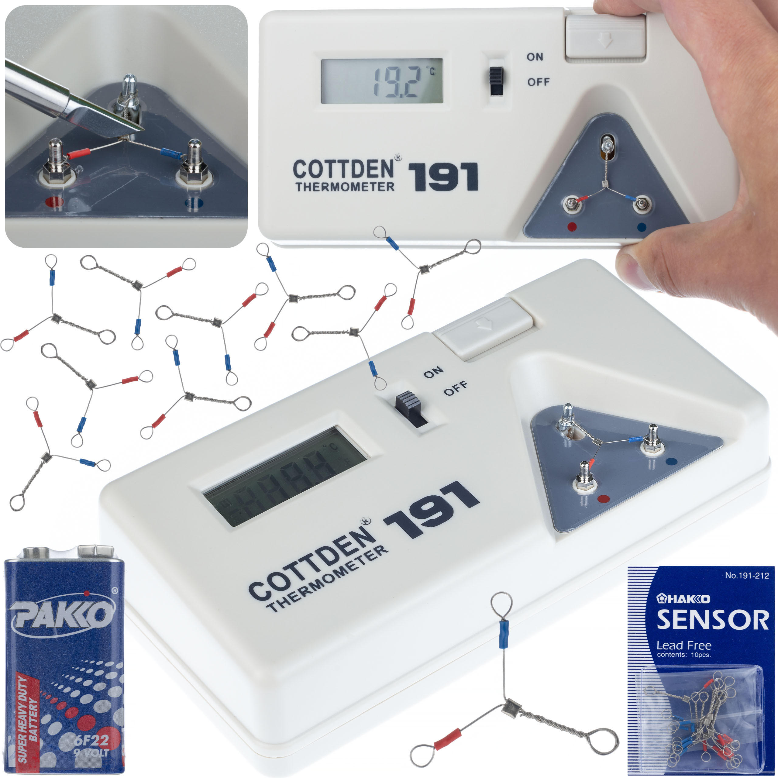 TEMPERATURMESSGERÄT 191 - für Lötkolben, K-Thermoelement, 0-600 °C, 3,5 Zoll LCD, 10 Sensoren, 6F22 Batterie, Set - Multicolor, Kunststoff/Metall (16/8/4cm)