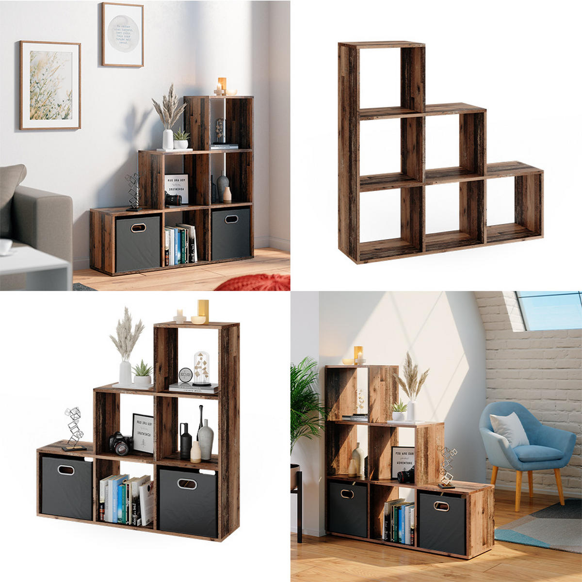 TREPPENREGAL Antikholz 107.2 x 107.8 cm - Eichefarben, Holzwerkstoff (107.2/107.8/29cm) - Vicco