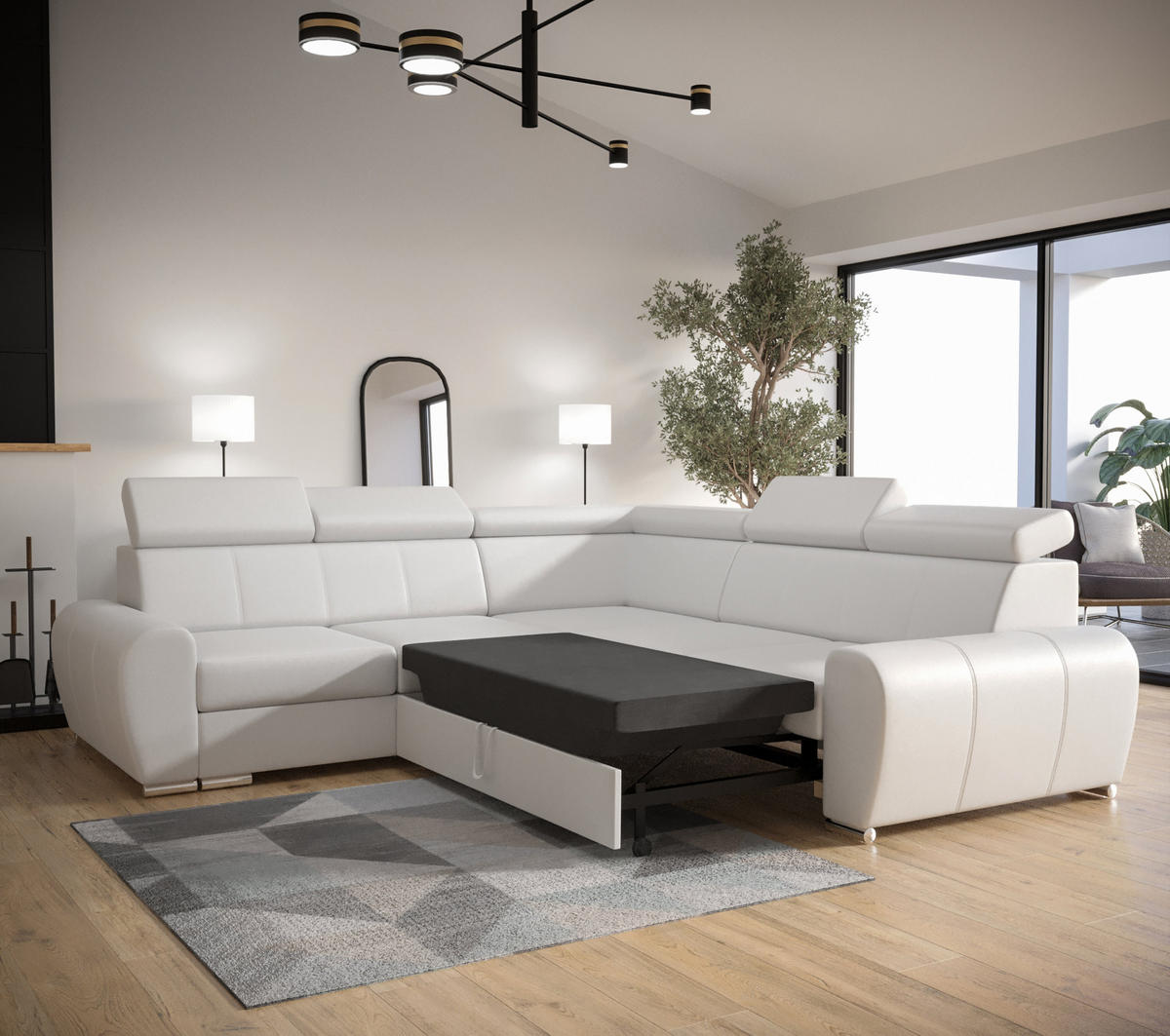 ECKSOFA APOLLO KN09, Eckcouch in L-Form mit Schlaffunktion, Farbe: Weiß, Kunstleder, Ottomane Rechts - Weiß, Textil (255/255cm) - O-Sofa