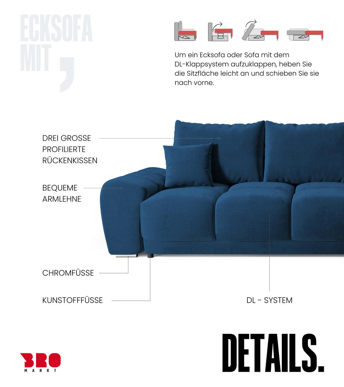 ECKSOFA Nubes mit Schlaffunktion Blau - Blau/Silberfarben, Kunststoff/Textil (290/180cm) - Bromarkt