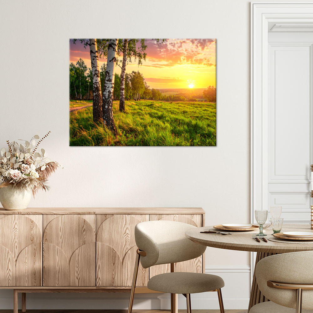 LEINWANDBILD Birken Bäume Sonnenuntergang 120x80cm - Grün, Textil (120/80cm) - Feeby