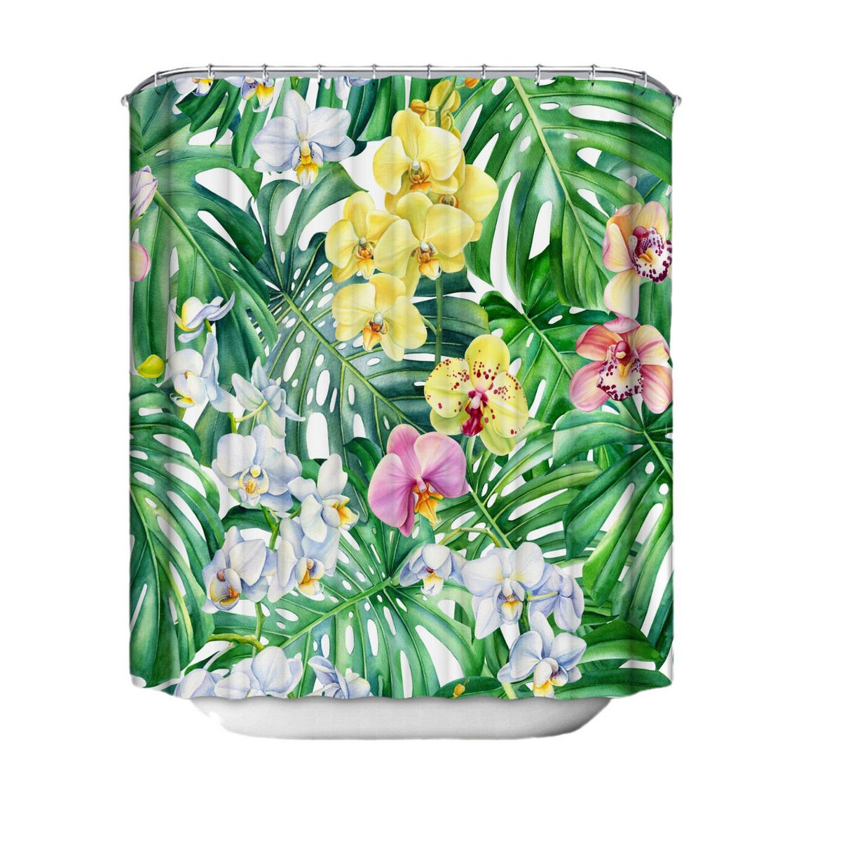 DUSCHVORHANG Grün Blumen und Blätter floral Pflanzen Muster mit Haken schimmelresistent - Multicolor, Kunststoff (180/180cm) - MCBOSON