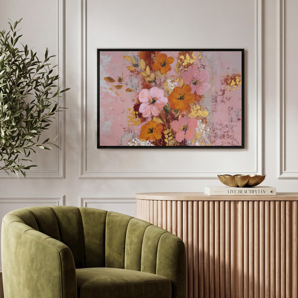 LEINWAND Bilder mit Rahmen - Malerei - Blumen - Rustikal - Rosa - 60x40 - Altrosa, Textil (60/40cm) - MuchoWow