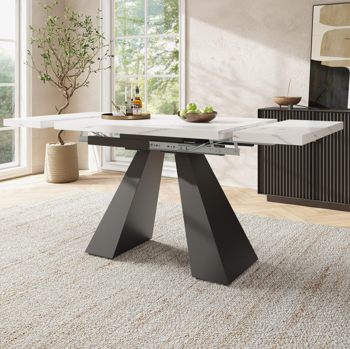ESSTISCH 99-159/74/77 cm ausziehbar mit MDF-Tischplatte, breiter Arbeitsfläche und Carbonstahl-Beinen, Weiß/Schwarz - Weiß, Holzwerkstoff (159/74/77cm) - Redom