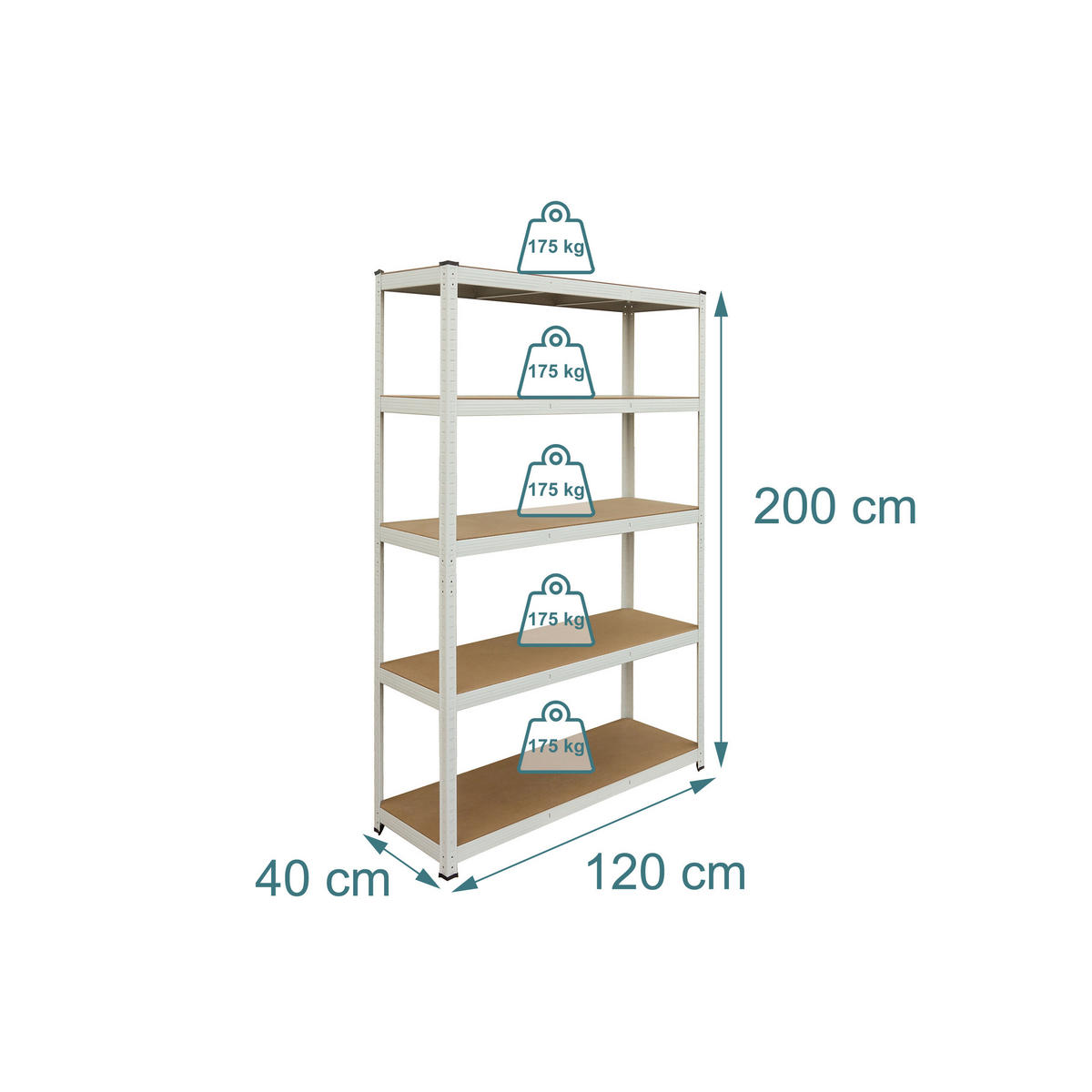SCHWERLASTREGAL - Weiß, Holzwerkstoff/Kunststoff (120/200/40cm) - Relaxdays