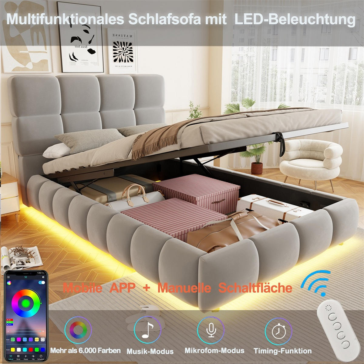 POLSTERBETT 90x200 cm mit LED Beleuchtung - hydraulischem Stauraum - Grau - Samt - ohne Matratze - Grau, Textil (90/200cm) - DELFA