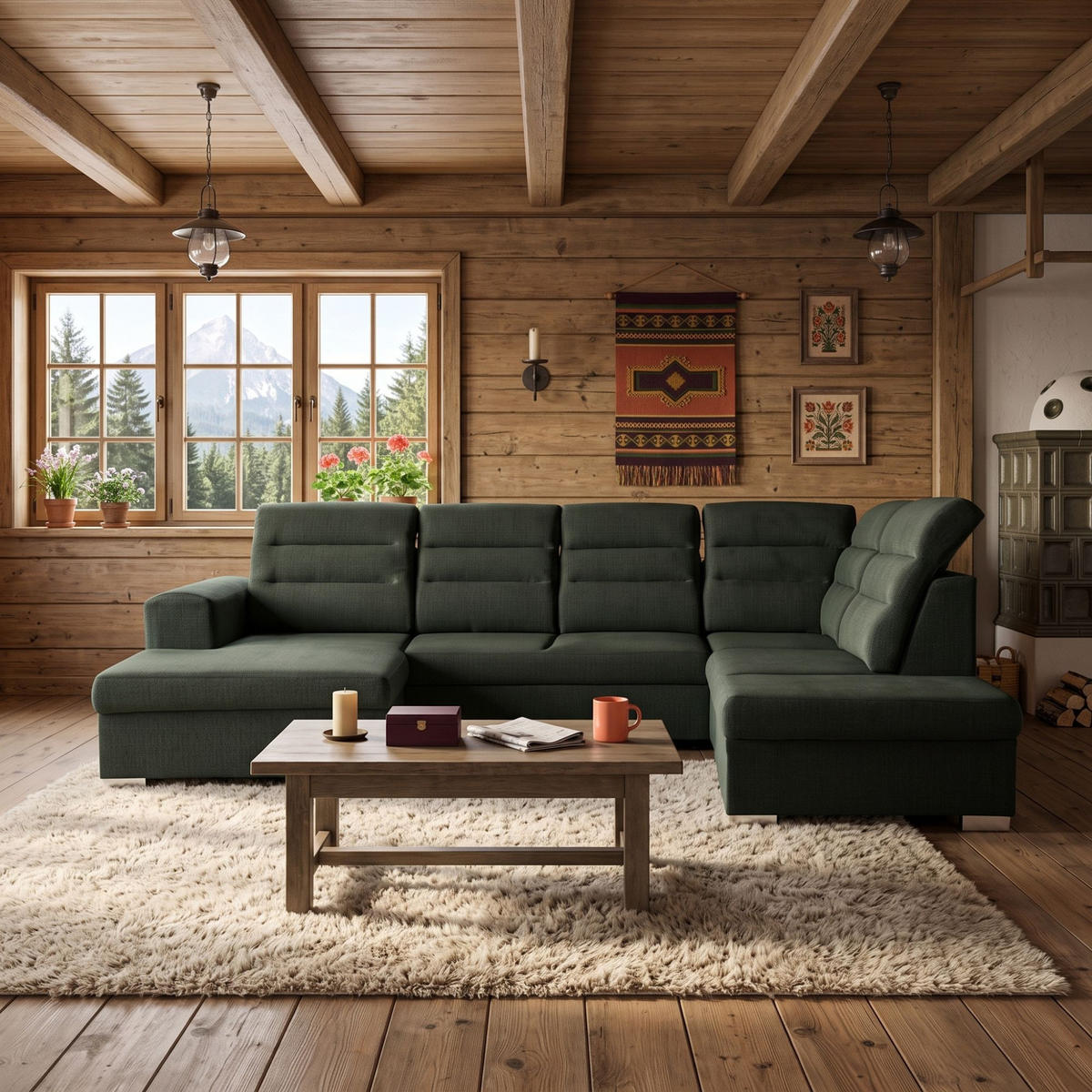 ECKSOFA U-Form CLOUD U Rechts mit Schlaffunktion 120x252 Velours Dunkelgrün - Dunkelgrün/Silberfarben, Holz/Kunststoff (202/103/320cm) - Muffo