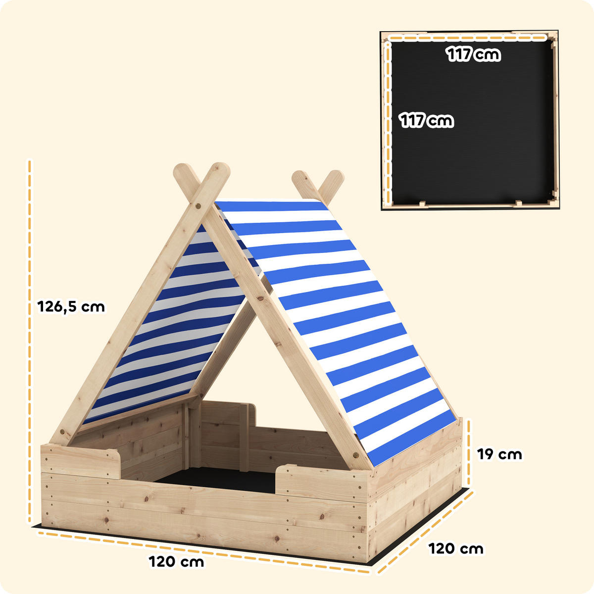 SANDKASTEN, Naturholz, Tannenholz, Polyester - Naturfarben, Holz (120/120/126.5cm) - AIYAPLAY