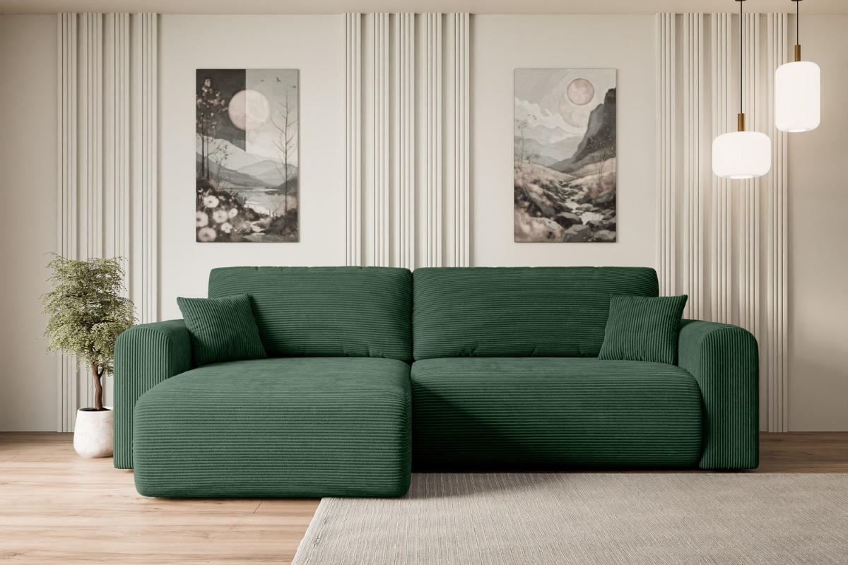 ECKSOFA mit Schlaffunktion und Bettkasten ORRO-L - 272x145x83 cm Grün Cord - Schwarz/Grün, Holzwerkstoff/Kunststoff (272/145cm) - ALTDECOR