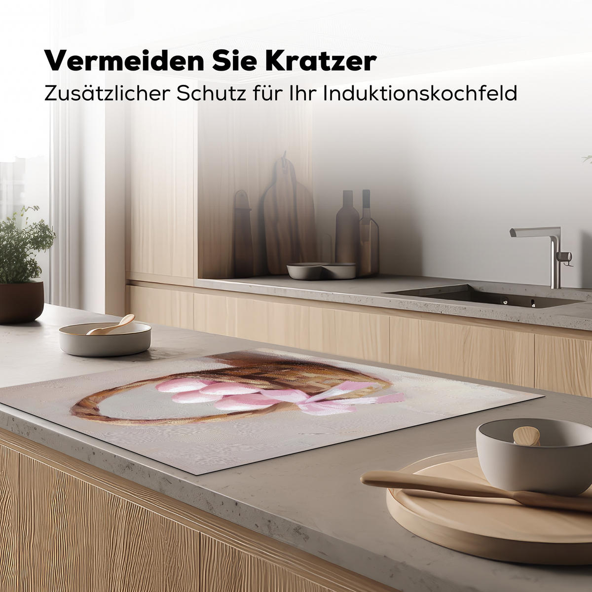 HERDABDECKPLATTE Korb - Eier - Rosa Induktionsmatte 78x78 cm - Beige, Kunststoff (78/78/0.2cm) - MuchoWow