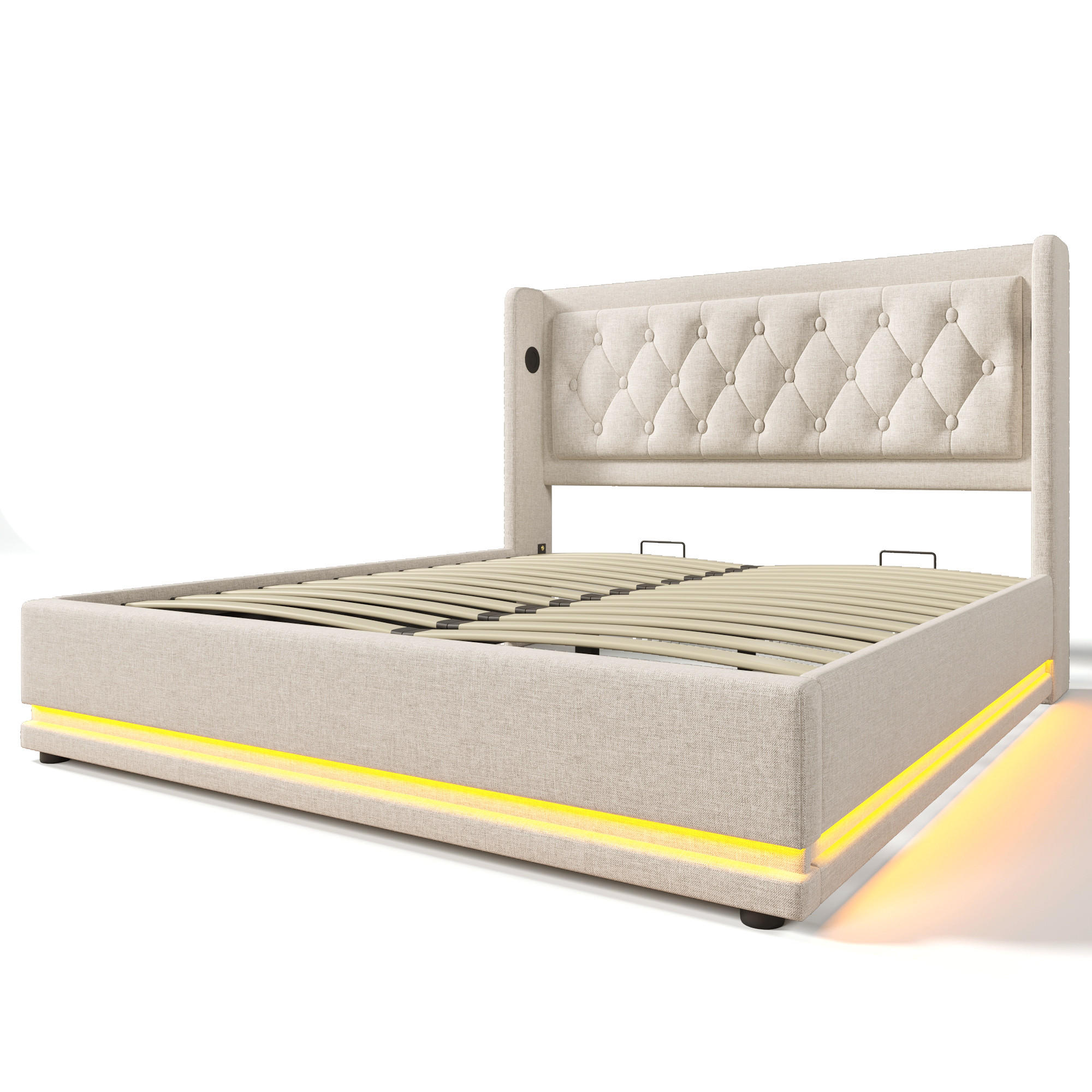 POLSTERBETT 160×200 cm aus Baumwoll-Stoff mit LED-Beleuchtung und USB-C-Anschluss inklusive Matratze, beige - Beige, Textil (160/200cm)