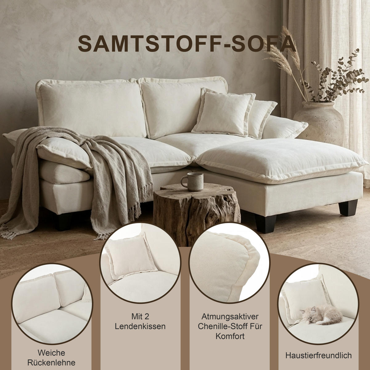 ECKSOFA 224/151/90 cm beige aus Chenille mit USB und Stauraum - Beige, Textil (151/224cm) - OKWISH