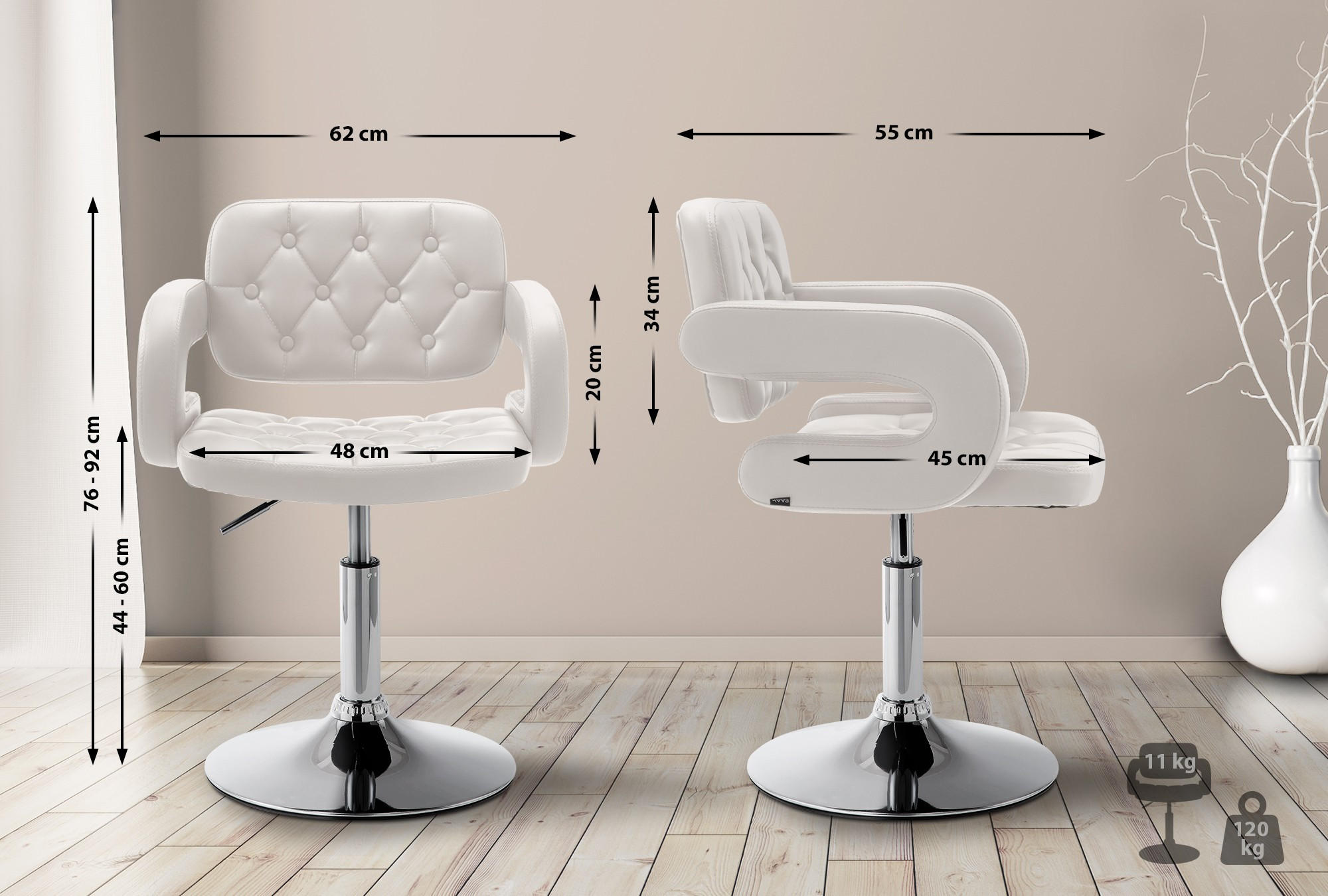 SESSEL Lederlook weiß - Chromfarben/Weiß, Textil/Metall (62/76/55cm) - CLP