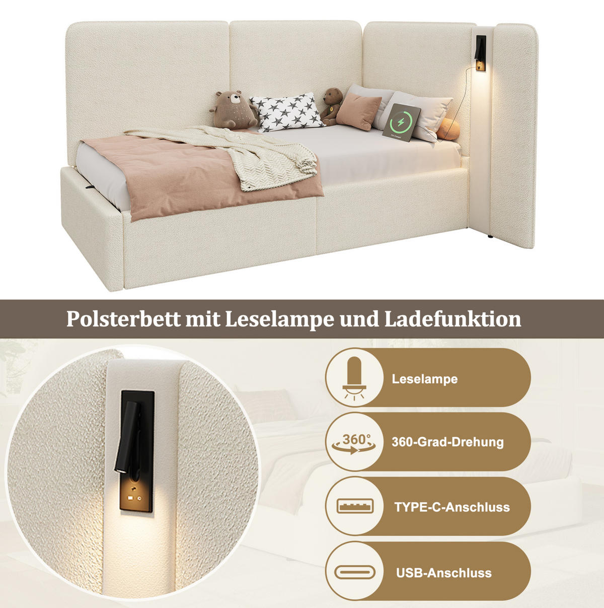 BETT 90/200 cm mit Bettkasten, USB-C-Anschluss und Leselampe, Bouclé Beige - Beige, Textil (90/200cm) - BEAOK