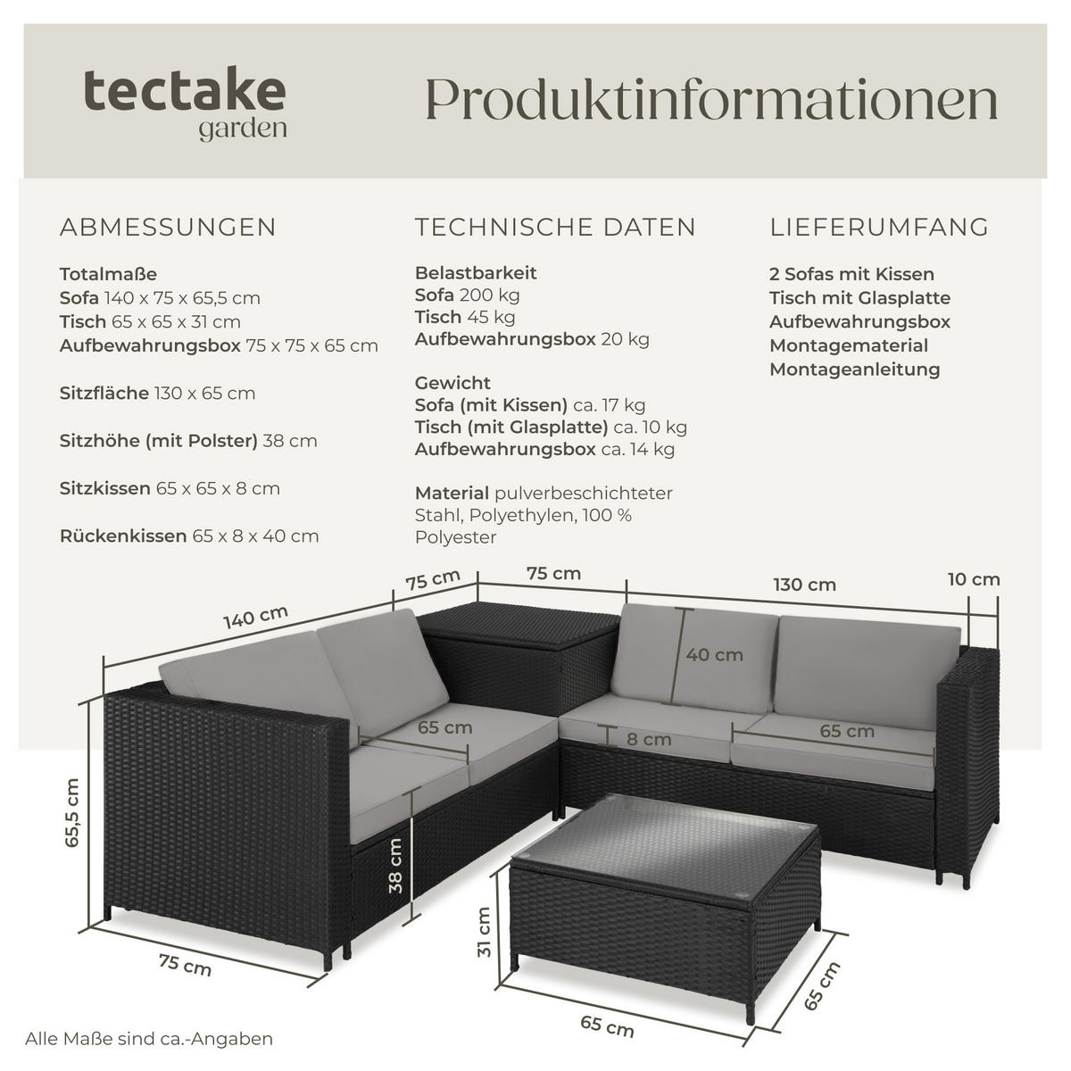 RATTANLOUNGE Siena,mit Sicherheitsglasplatte,schwarz/grau - Schwarz/Grau, Kunststoff - tectake