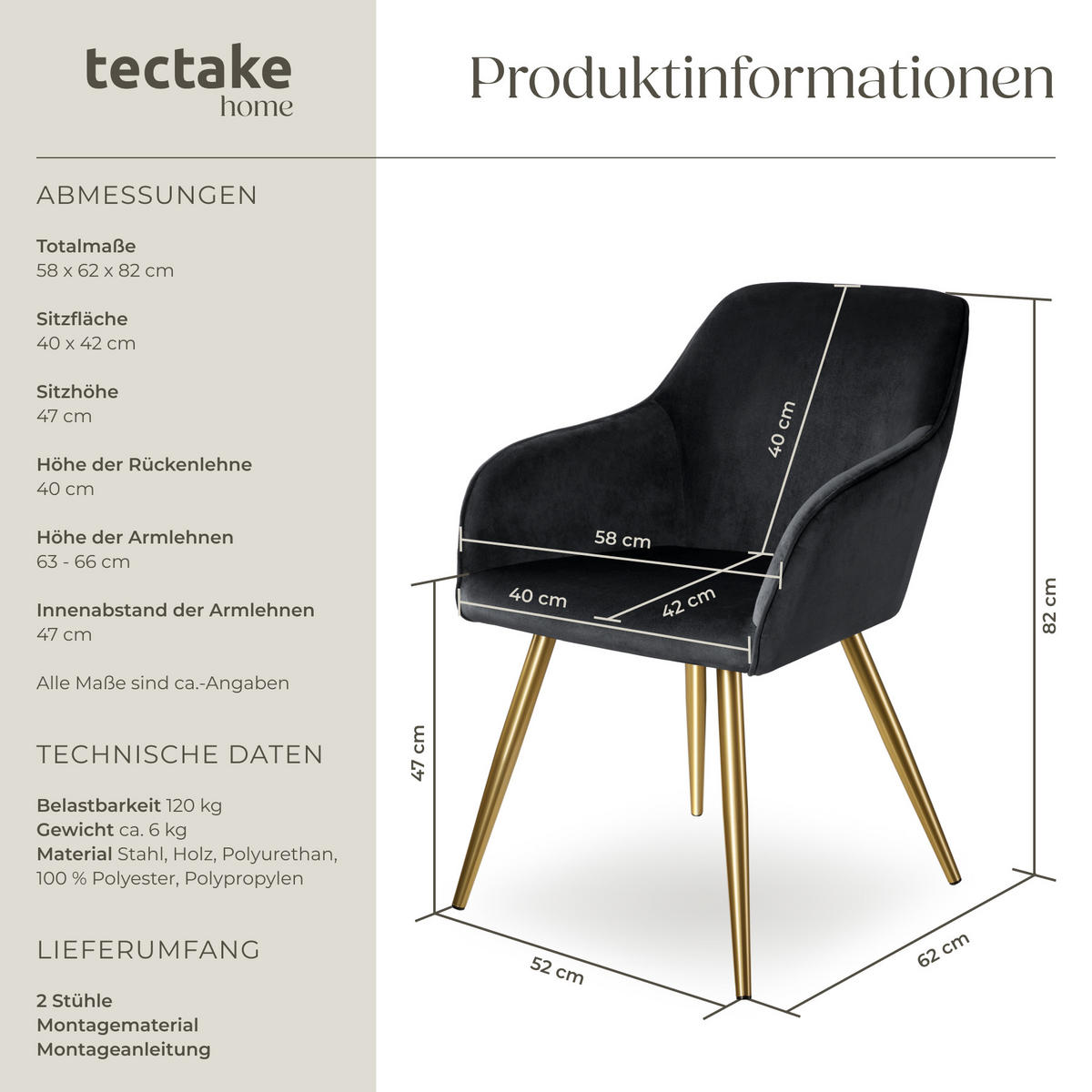 ESSZIMMERSTUHL 2er Set Marilyn 58 x 62 x 82 cm schwarz/gold - Goldfarben/Schwarz, Textil (58/82/62cm) - tectake